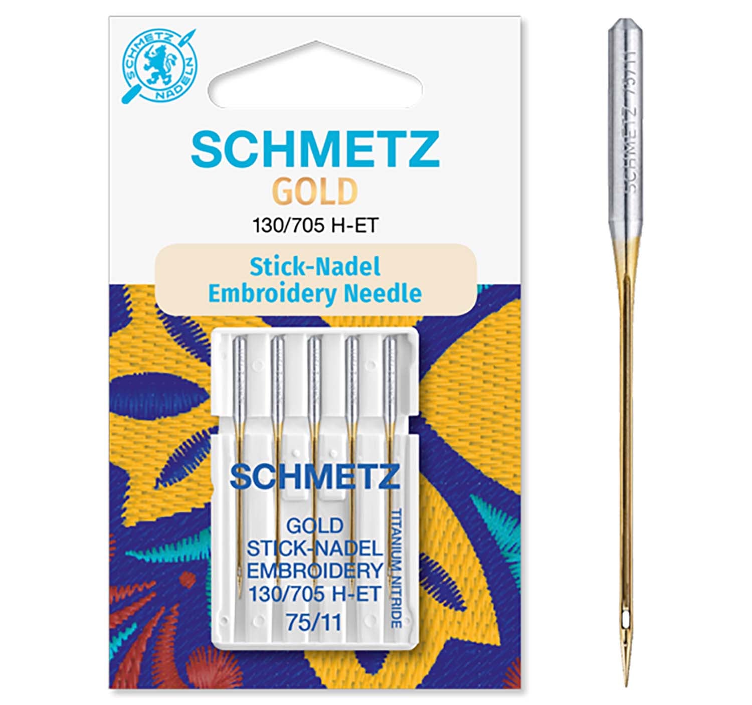 Schmetz Sewing Machine Needles - Gold Embroidery - 75(11) - 5 Needles