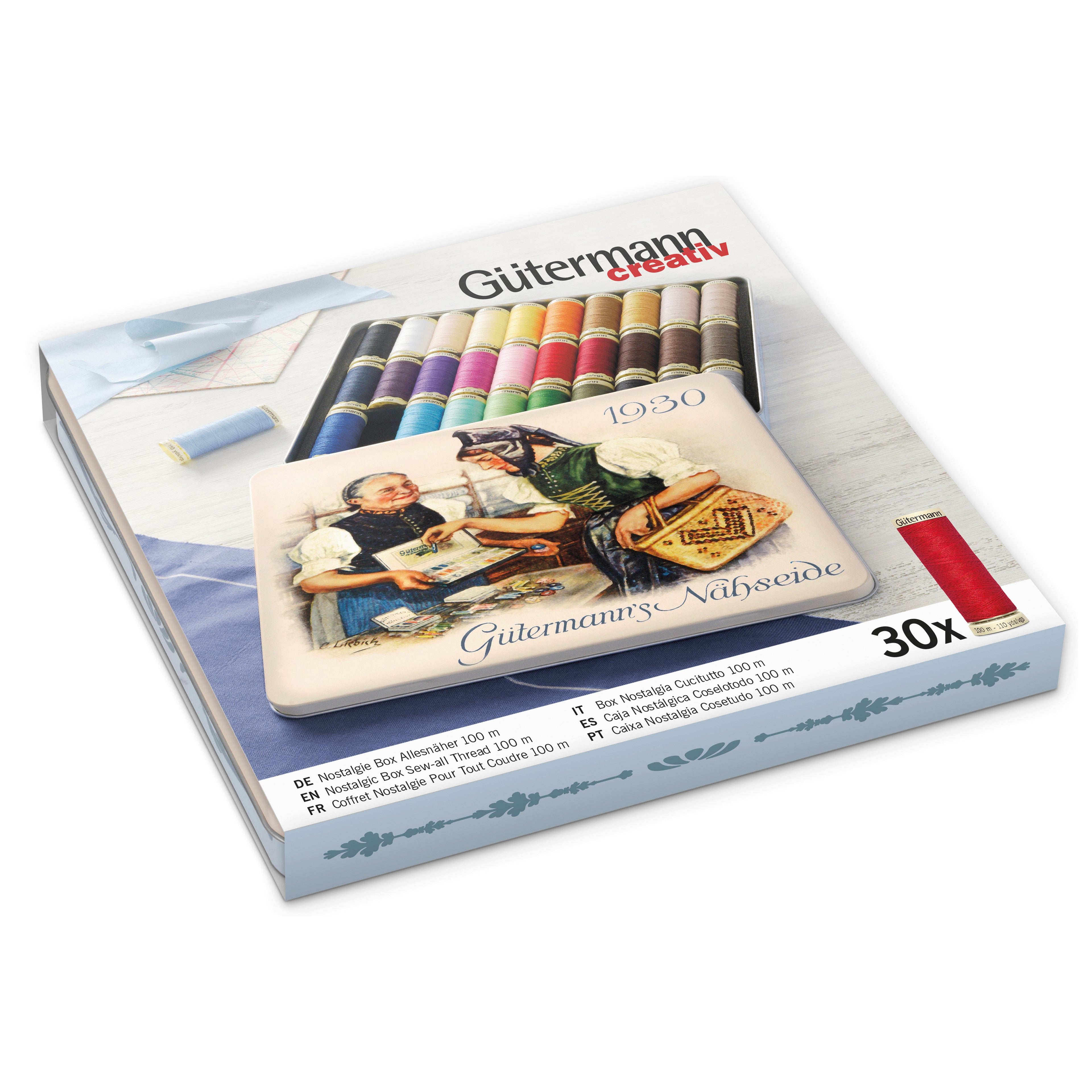 Gutermann Thread Storage Tin - Nostalgic '1930' - Sew - All - 30 x 100m - Assorted Shades