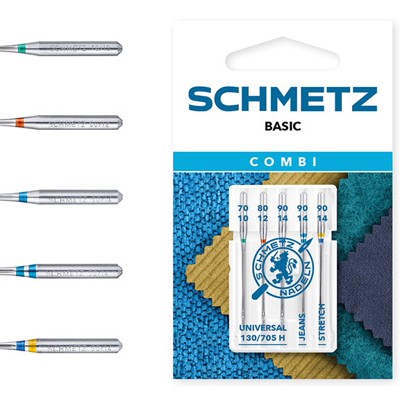 Schmetz Sewing Machine Needles - Combi Basic - Assorted - Universal, Denim And Stretch - 5 Needles